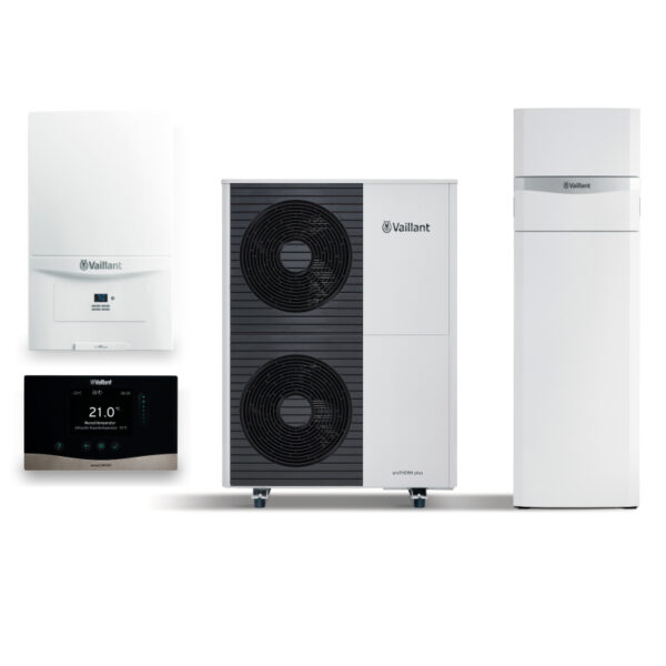 Pompa de caldura aer apa Vaillant aroTHERM VWL 125/5 AS, 12 kW, trifazata, Wi-Fi, A++, full inverter, incalzire, racire, ACM, sistem hibrid, cu boiler integrat 188 L, 380 V + centrala VUW 236/7-2